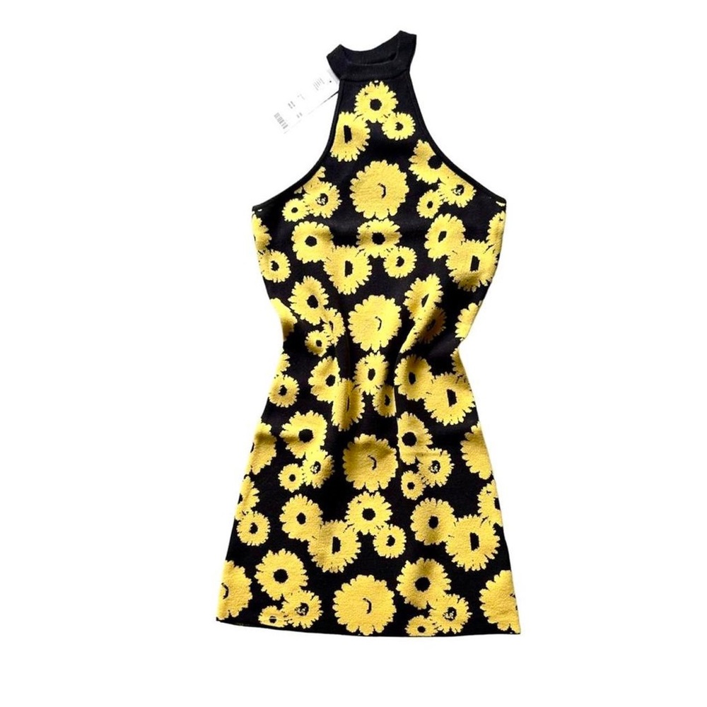 Urban Outfitters Black and Yellow Sunflower Halter Style Bodycon Mini Dress